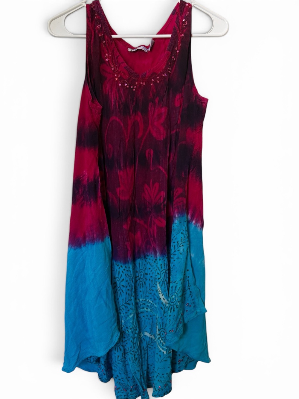 Just Cruising Boho Tie Dye Rayon Swing Dress Cover Up Small Beaded
